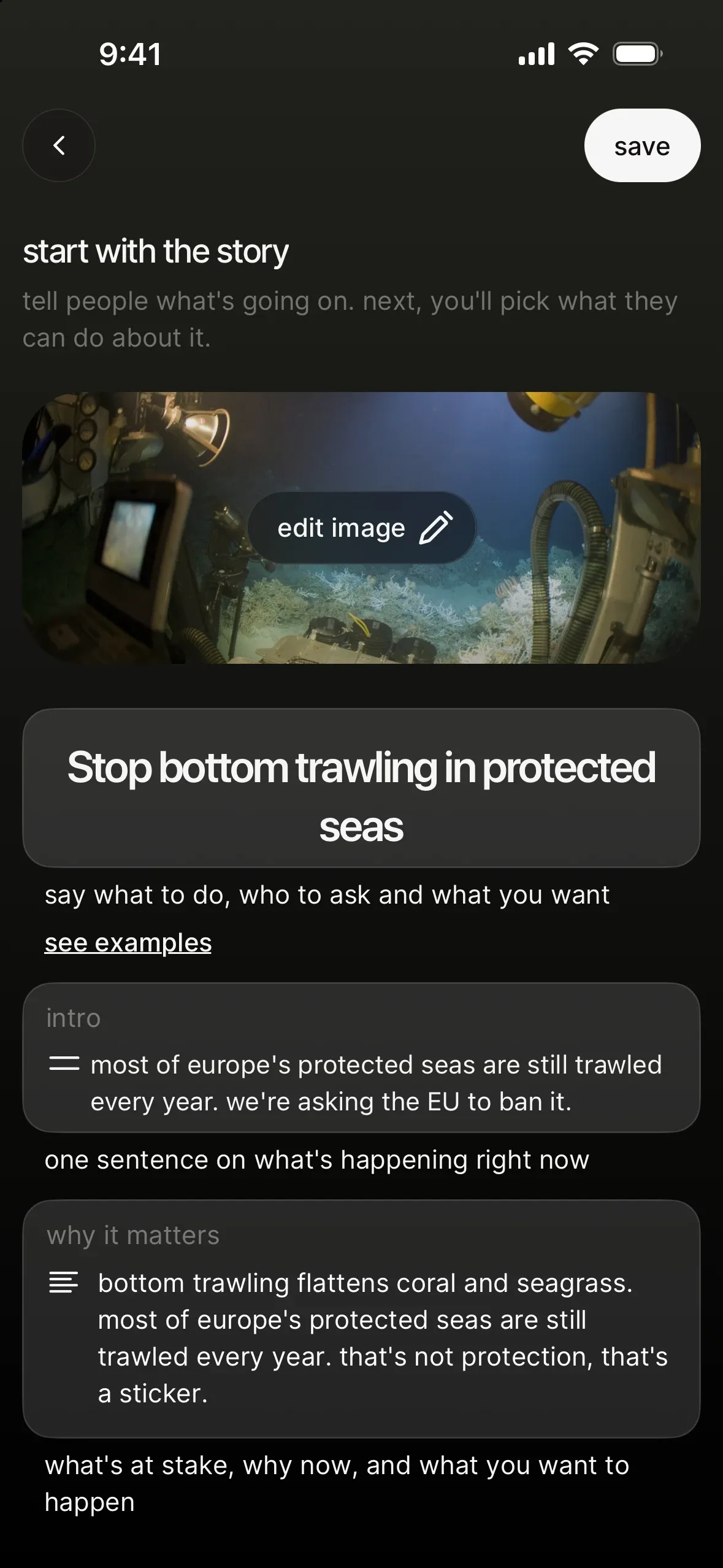 the action editor: start with the story, the action image with an edit image button, the title, the intro and why it matters