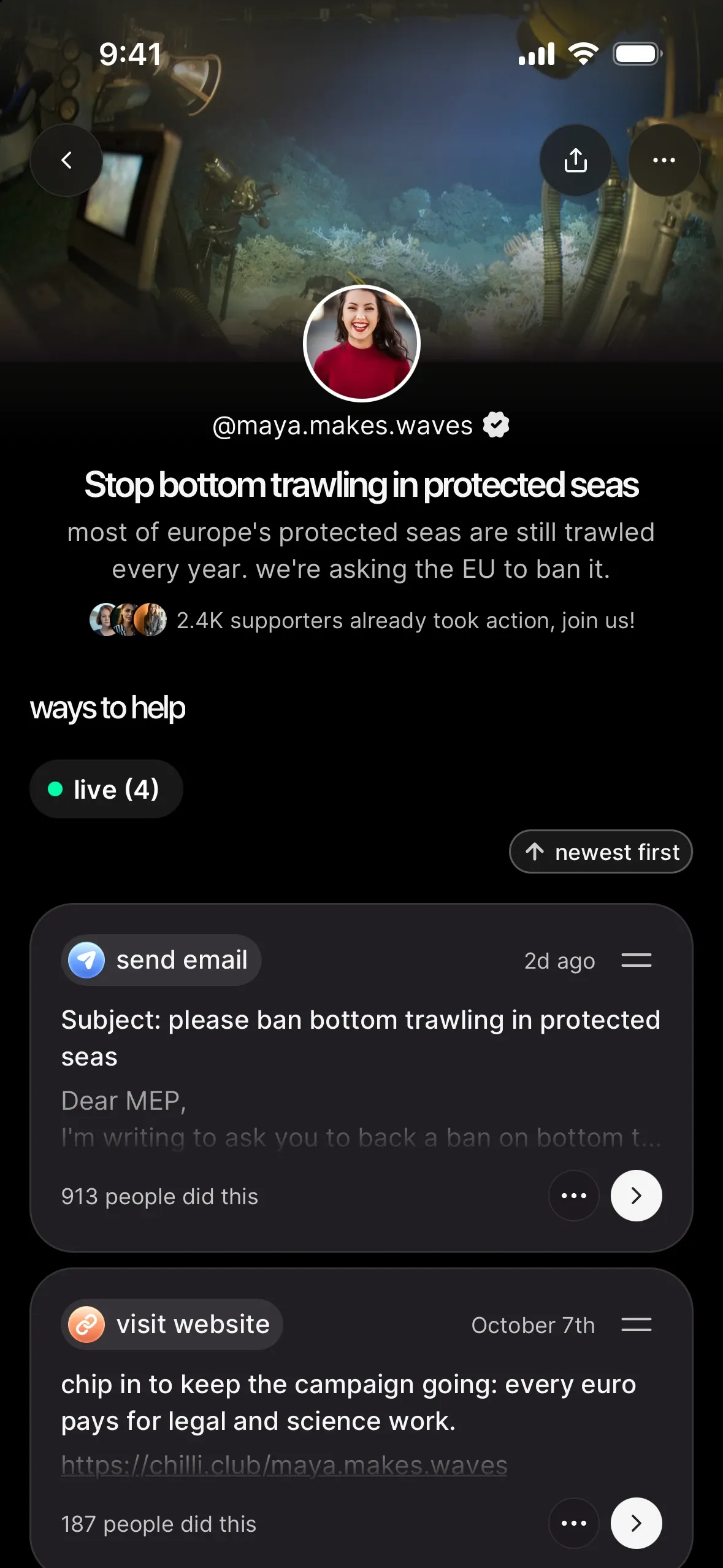 an action page in the chilli app: cover photo, the creator's handle, the title Stop bottom trawling in protected seas, a one-line intro, 2.4K supporters already took action, and the first way to help with 913 people did this