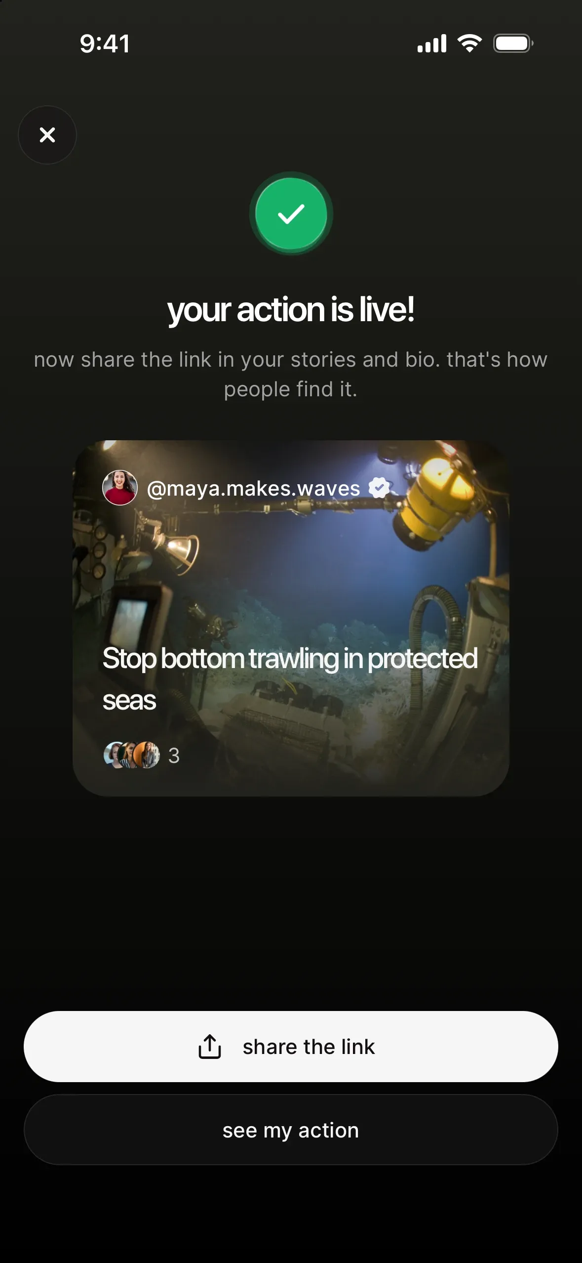 the your action is live screen: a preview card of the action, then share the link and see my action buttons