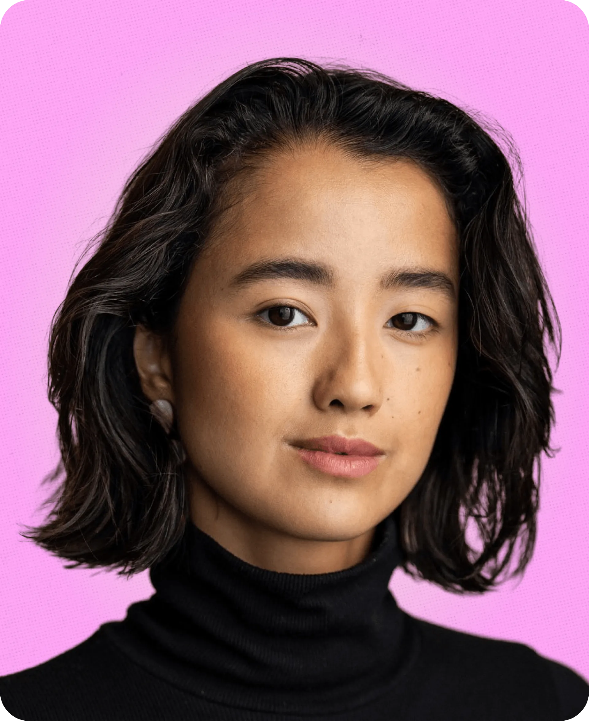 Portrait of Celina Chien in a black turtleneck against a pink background