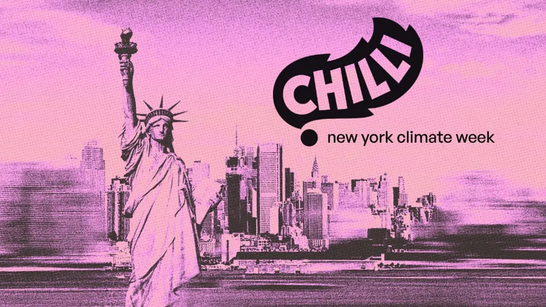 the chilli logo and the words new york climate week over a pink Statue of Liberty and the Manhattan skyline
