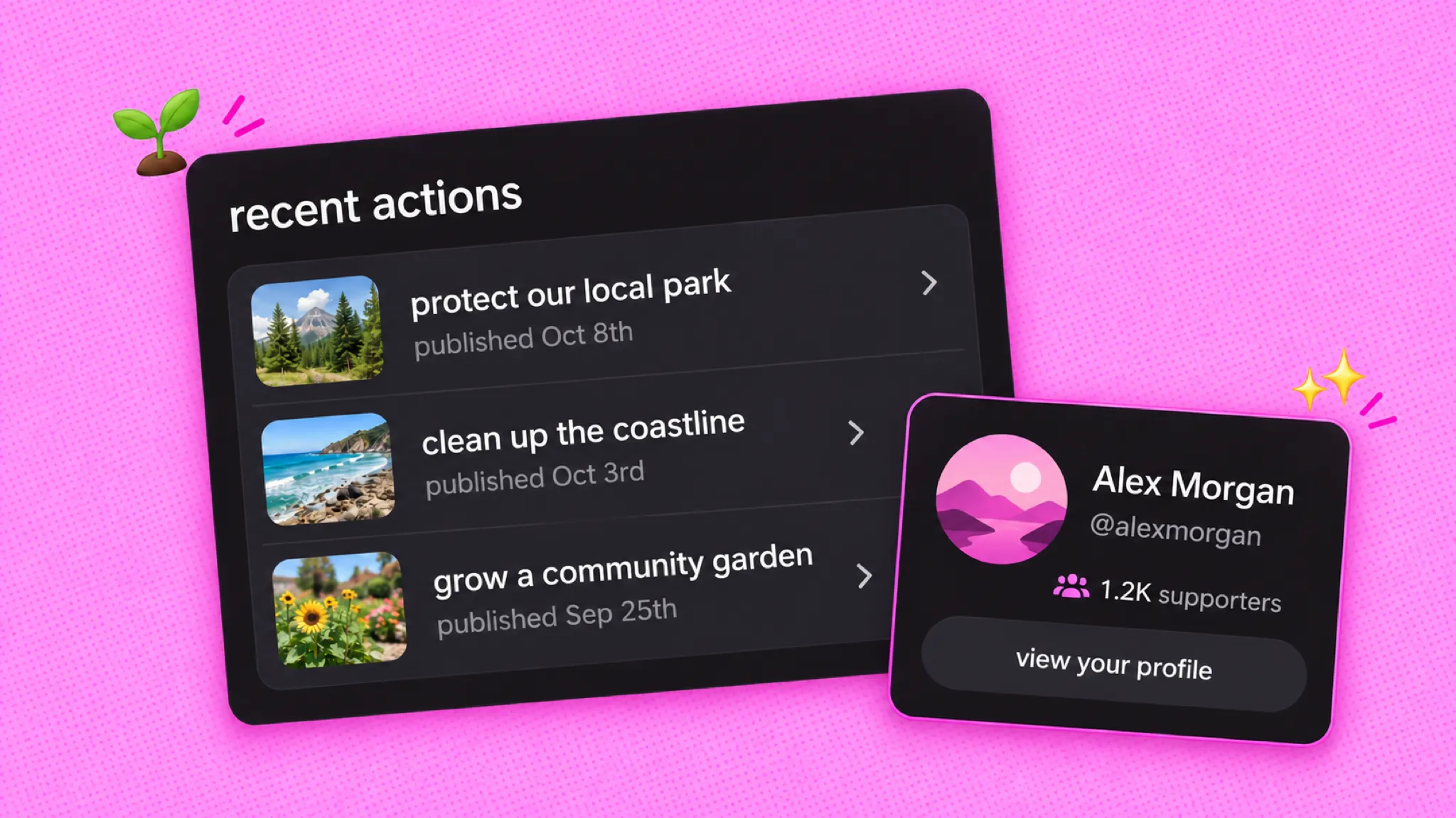 a demo of the chilli creator dashboard with recent actions and a creator profile