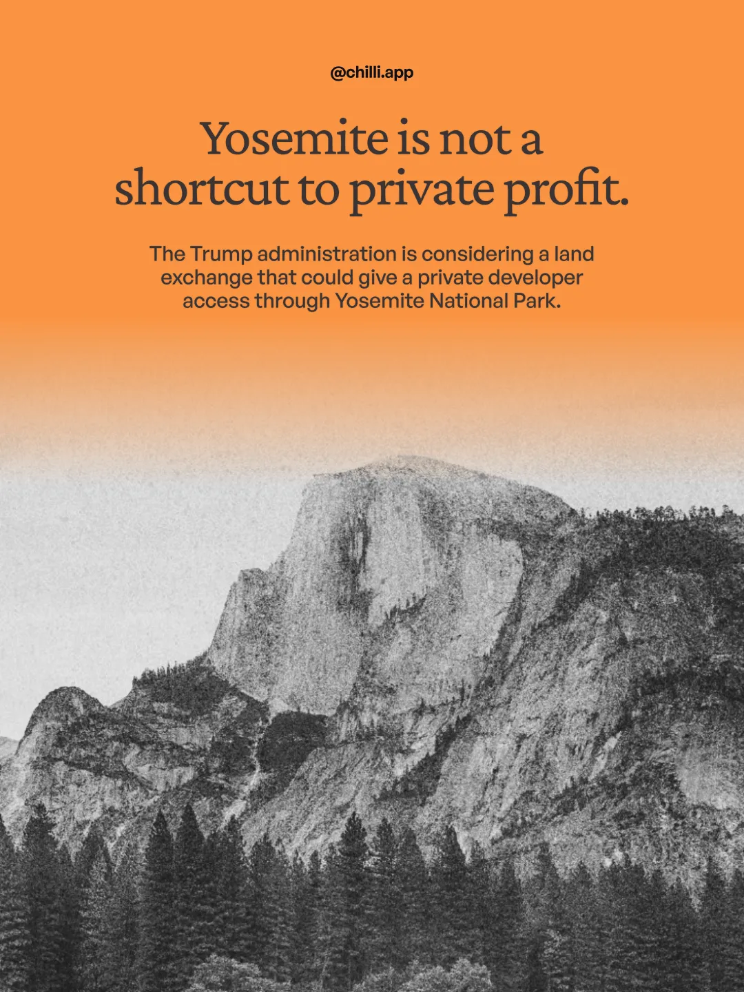 chilli Instagram post: Yosemite is not a shortcut to private profit, over Half Dome