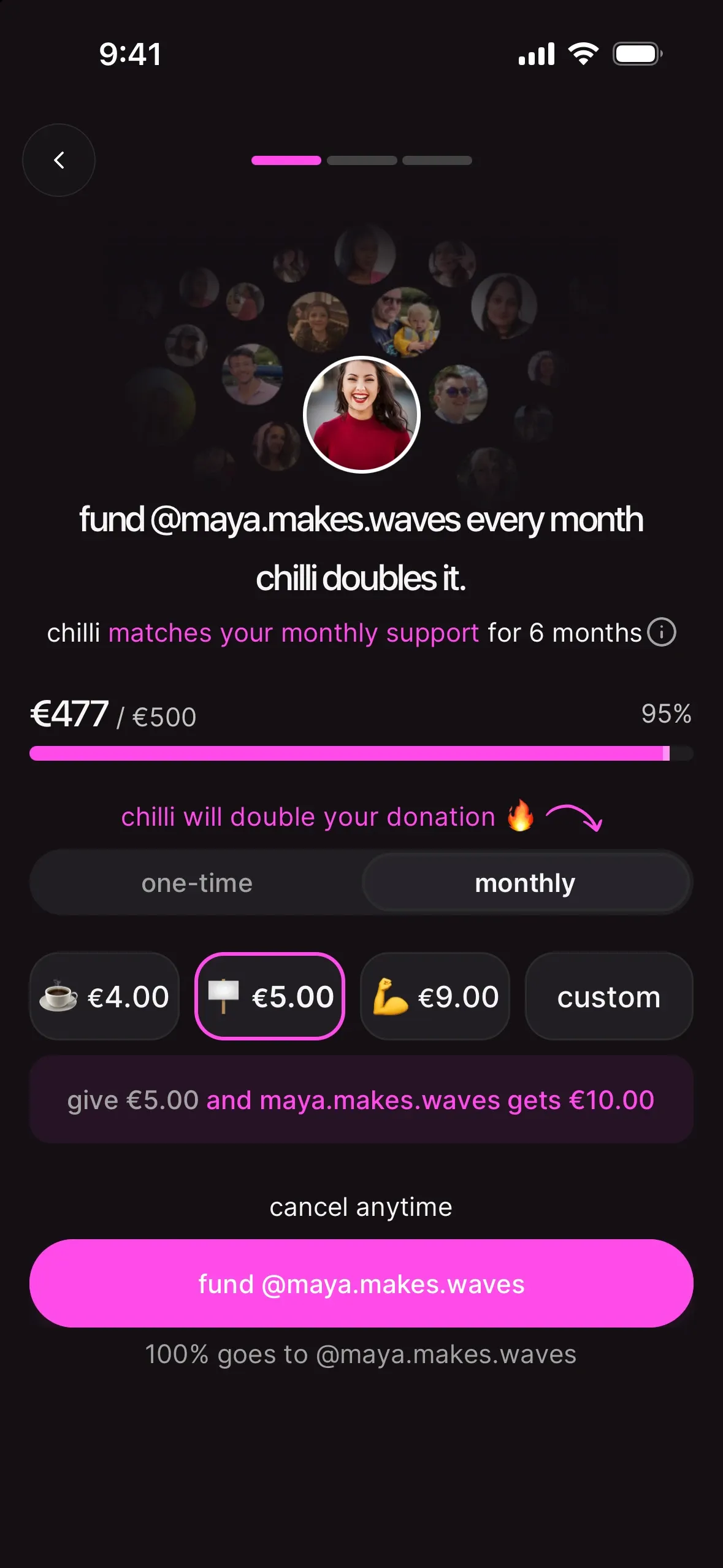 the donation flow: one-time or monthly, amounts of 4, 5 and 9 euros or custom, cancel anytime, and a fund button