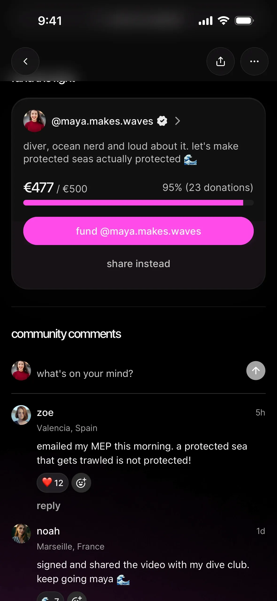 the fund the fight section of an action page: the creator's bio, 477 euros raised of a 500 euro goal from 23 donations, a fund button and share instead