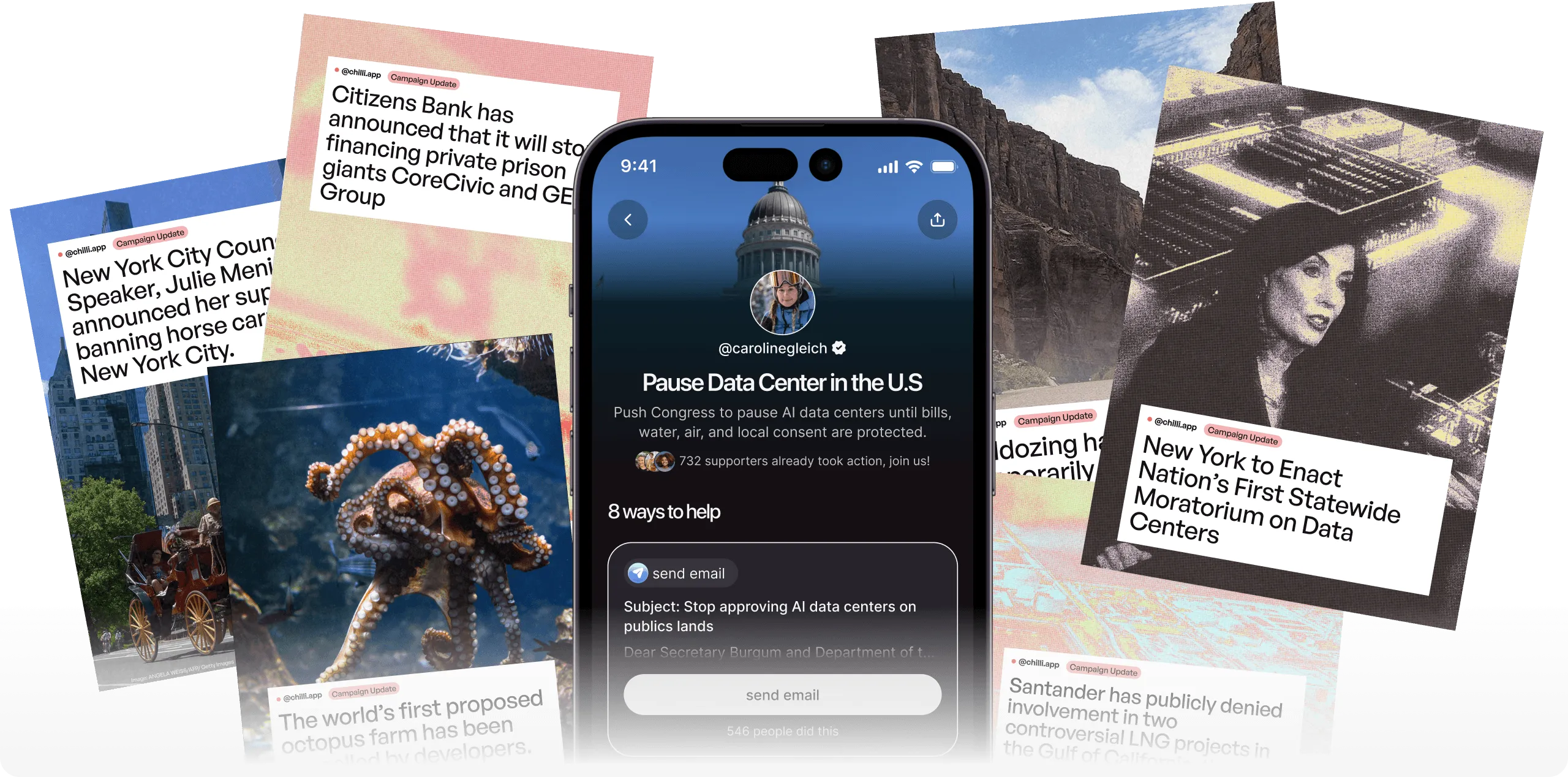 chilli action page on a phone, surrounded by news headlines about the campaigns creators ran with chilli