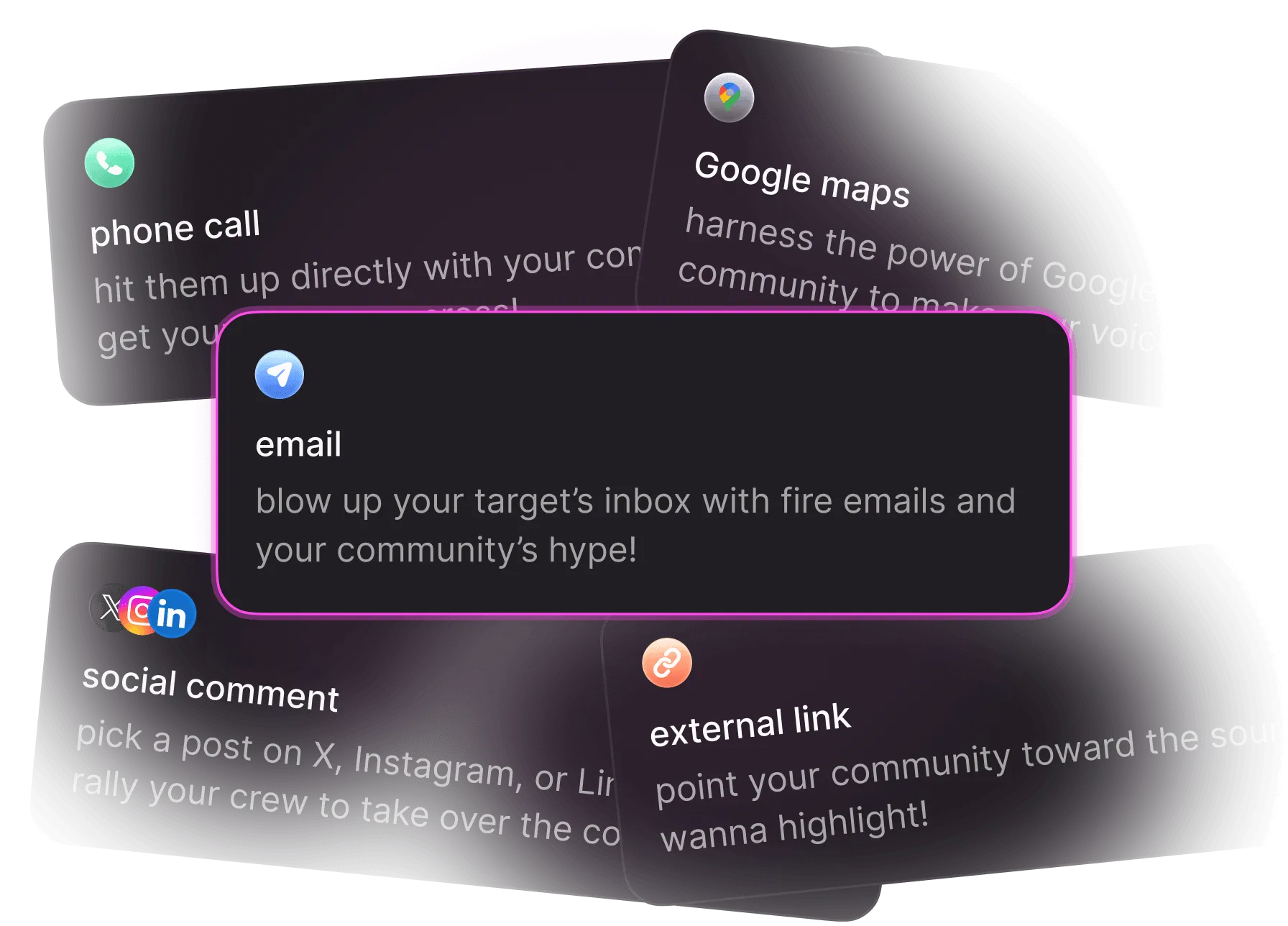 Ways to help in chilli: phone call, Google Maps, email, social comment and external link