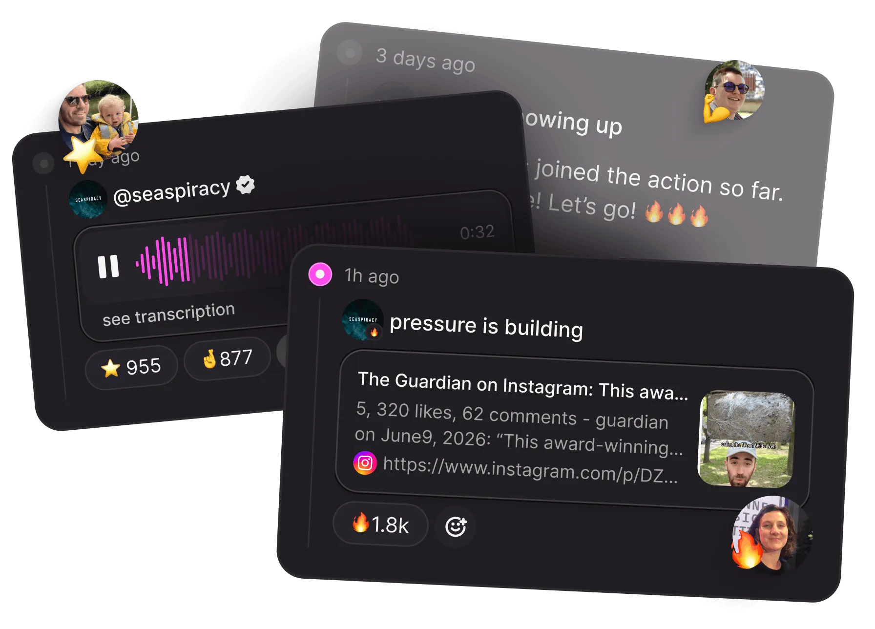 Action updates in chilli: a voice note from Seaspiracy and a "pressure is building" post