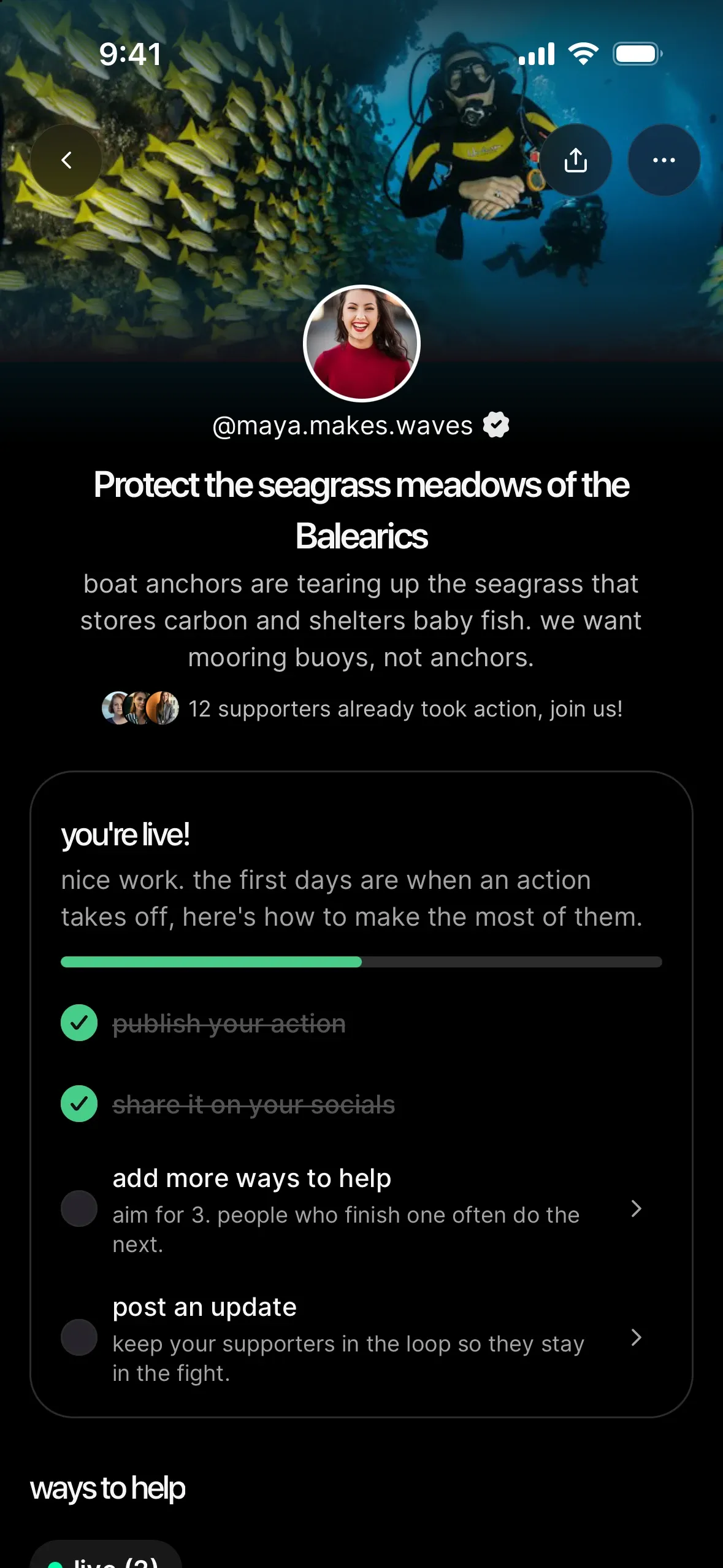 the live Protect the seagrass meadows of the Balearics action: 12 supporters and a you’re live checklist with publishing and sharing completed, add more ways to help and post an update still to do