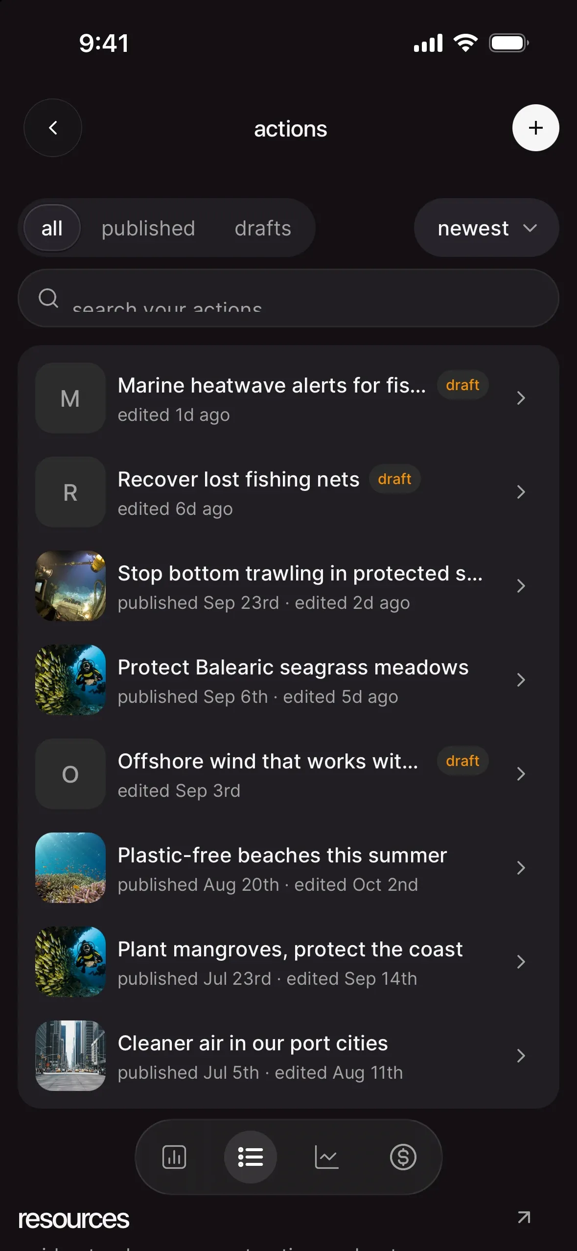 the actions list: filters for all, published and drafts, a newest sort, a search field and the actions with their dates and draft labels