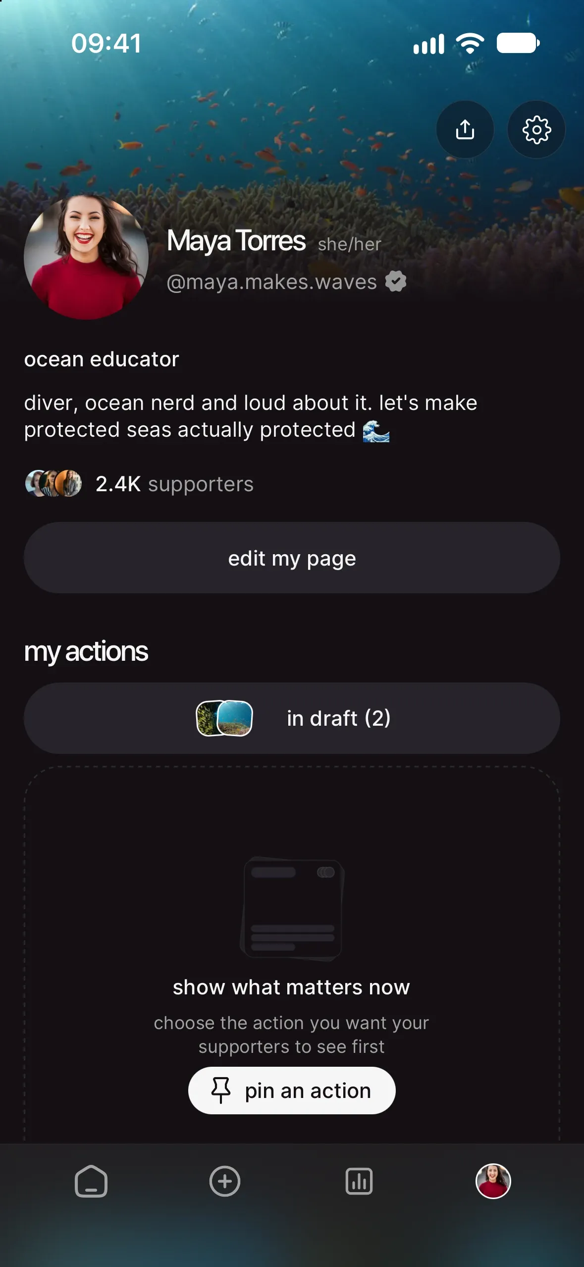 Maya Torres’ @maya.makes.waves profile: ocean educator bio, 2.4K supporters, edit my page, two drafts and a pin an action prompt