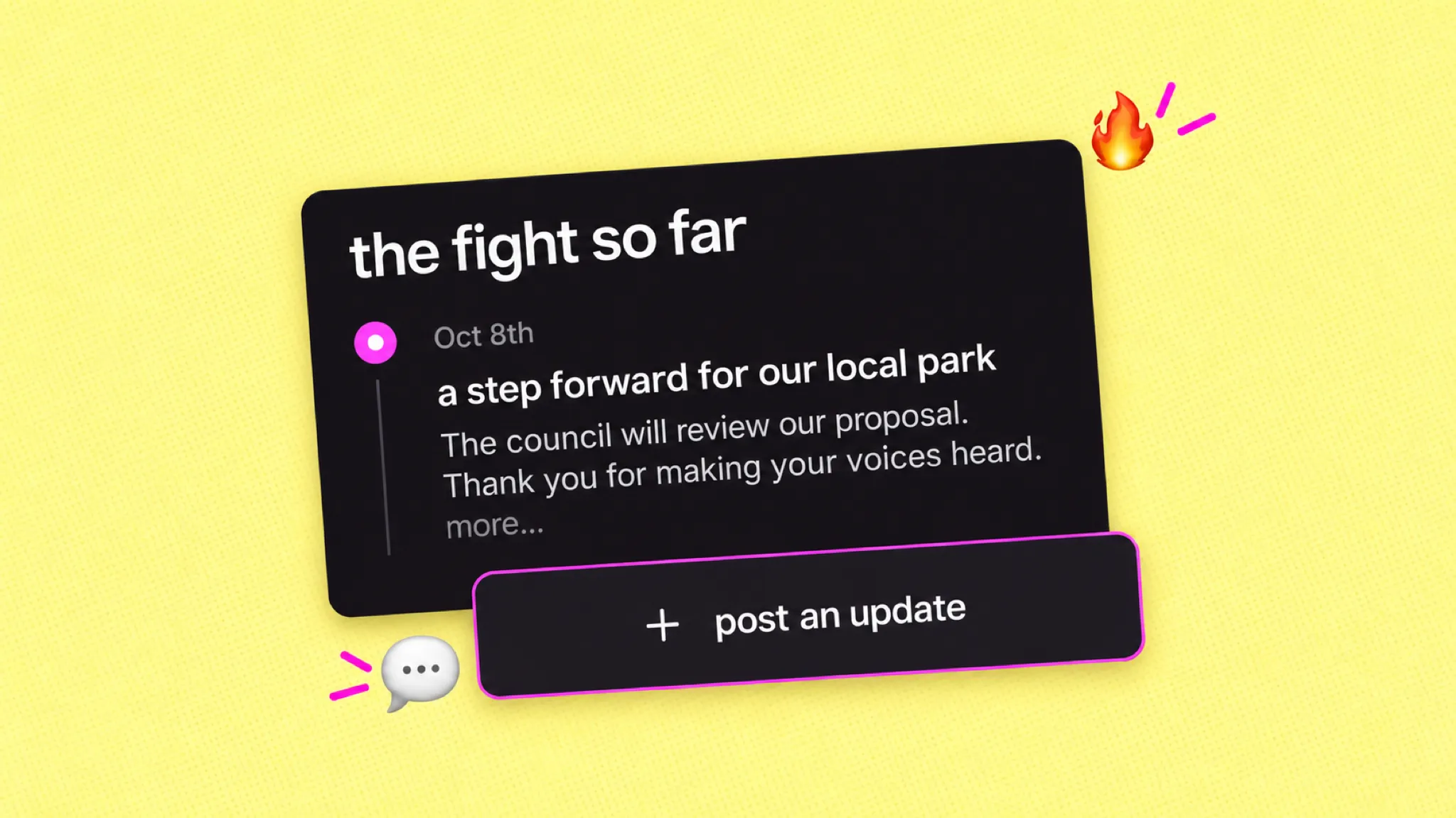 a demo of a chilli action update in the fight so far timeline and the post an update button