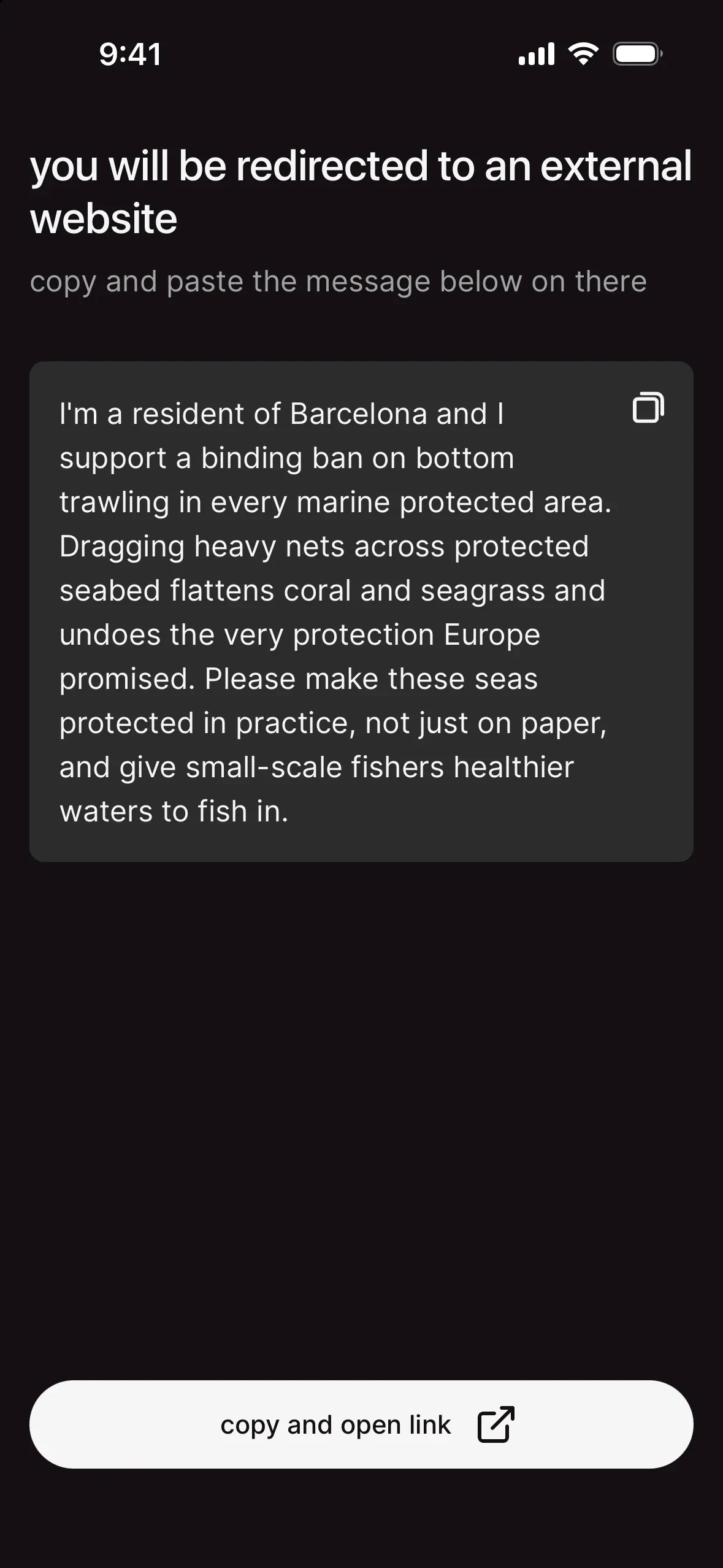 you will be redirected to an external website: a message asking for a bottom-trawling ban, with copy and open link at the bottom