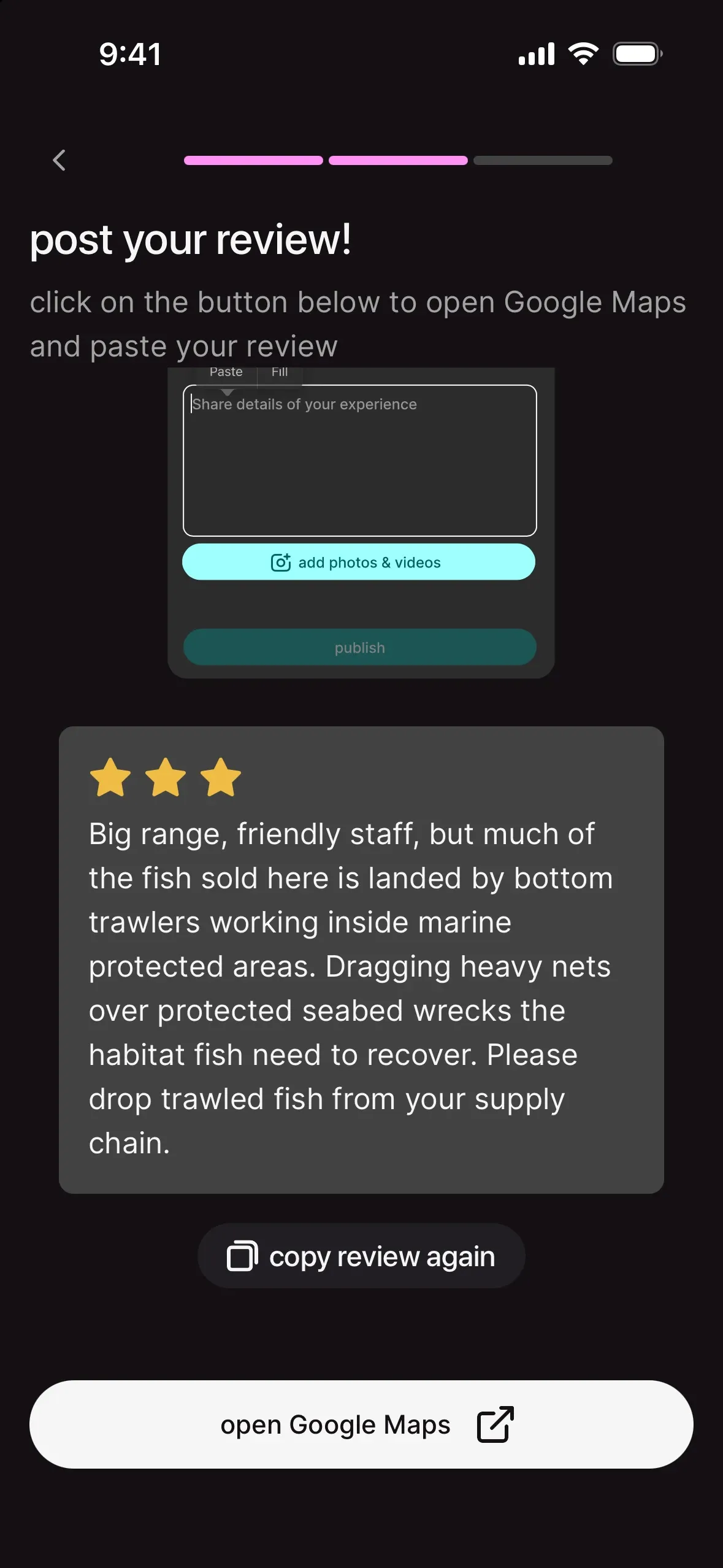 post your review: an in-app Google Maps tutorial, a three-star review about trawled fish, copy review again and open Google Maps buttons