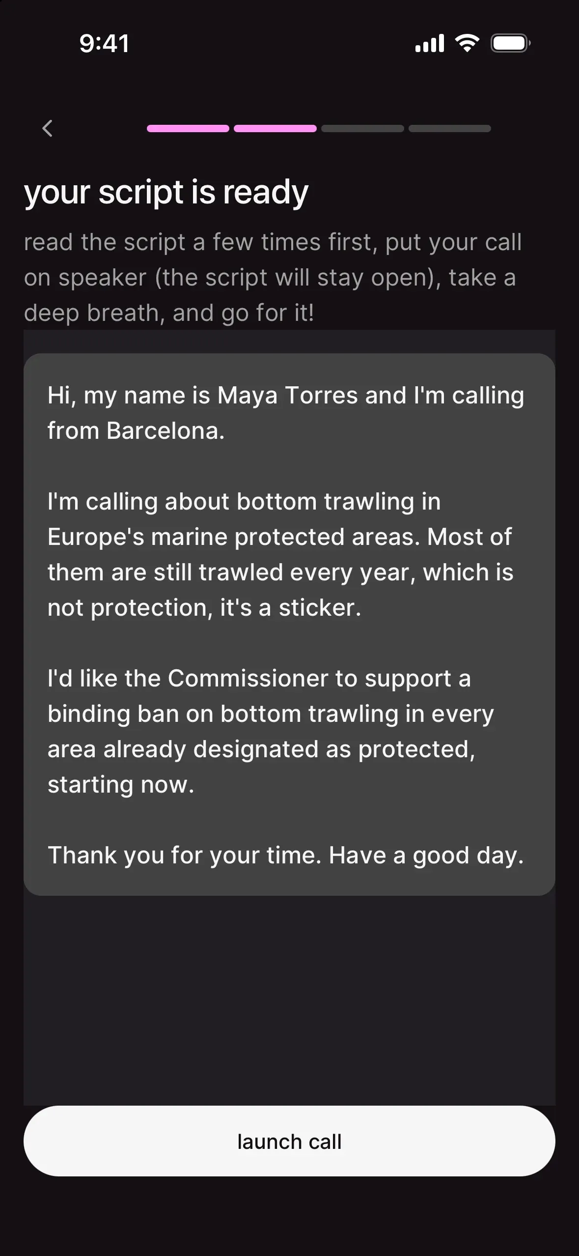 your script is ready: Maya Torres from Barcelona asks the Commissioner for a ban on bottom trawling in protected areas, with a launch call button