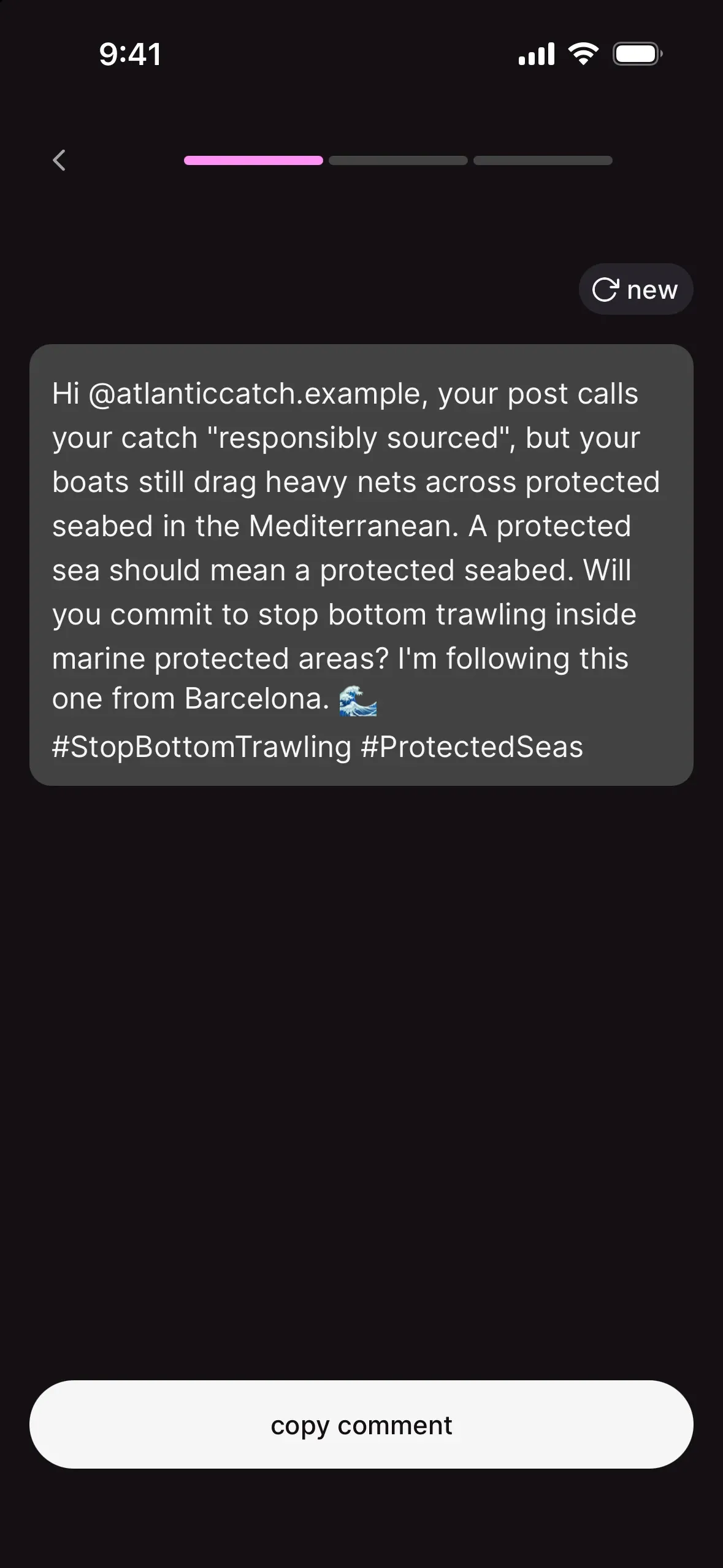 a personalised Instagram comment asking @atlanticcatch.example to stop bottom trawling inside marine protected areas, with a copy comment button
