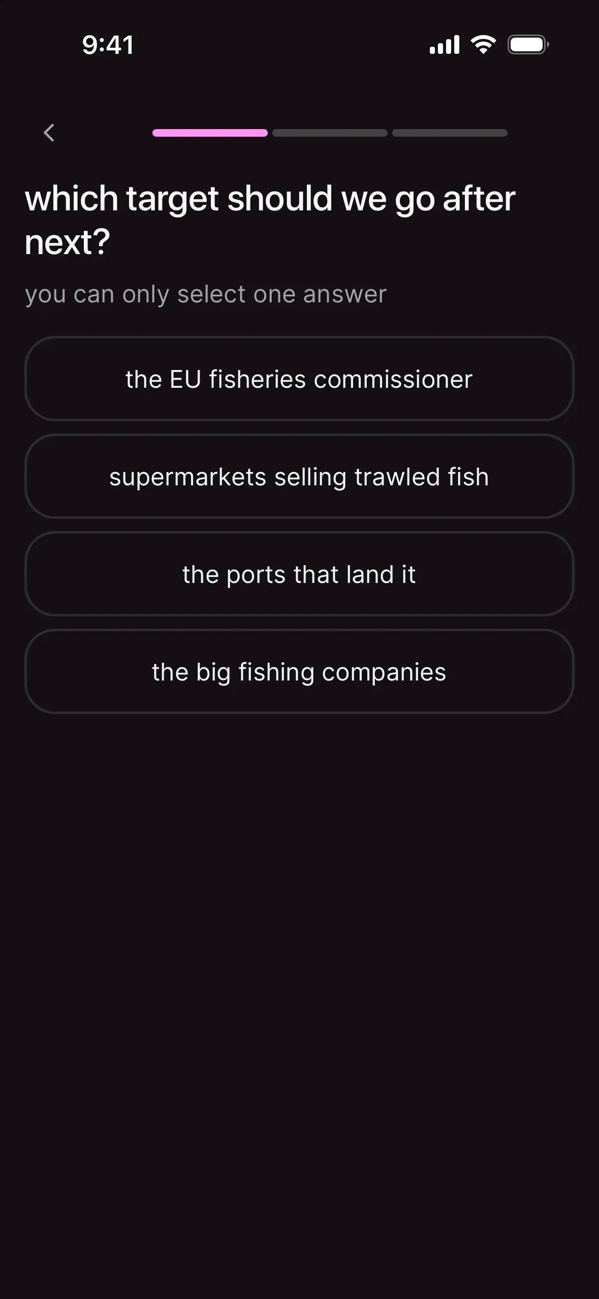 a single-choice survey asking which target should we go after next, with choices for the EU fisheries commissioner, supermarkets, ports and big fishing companies