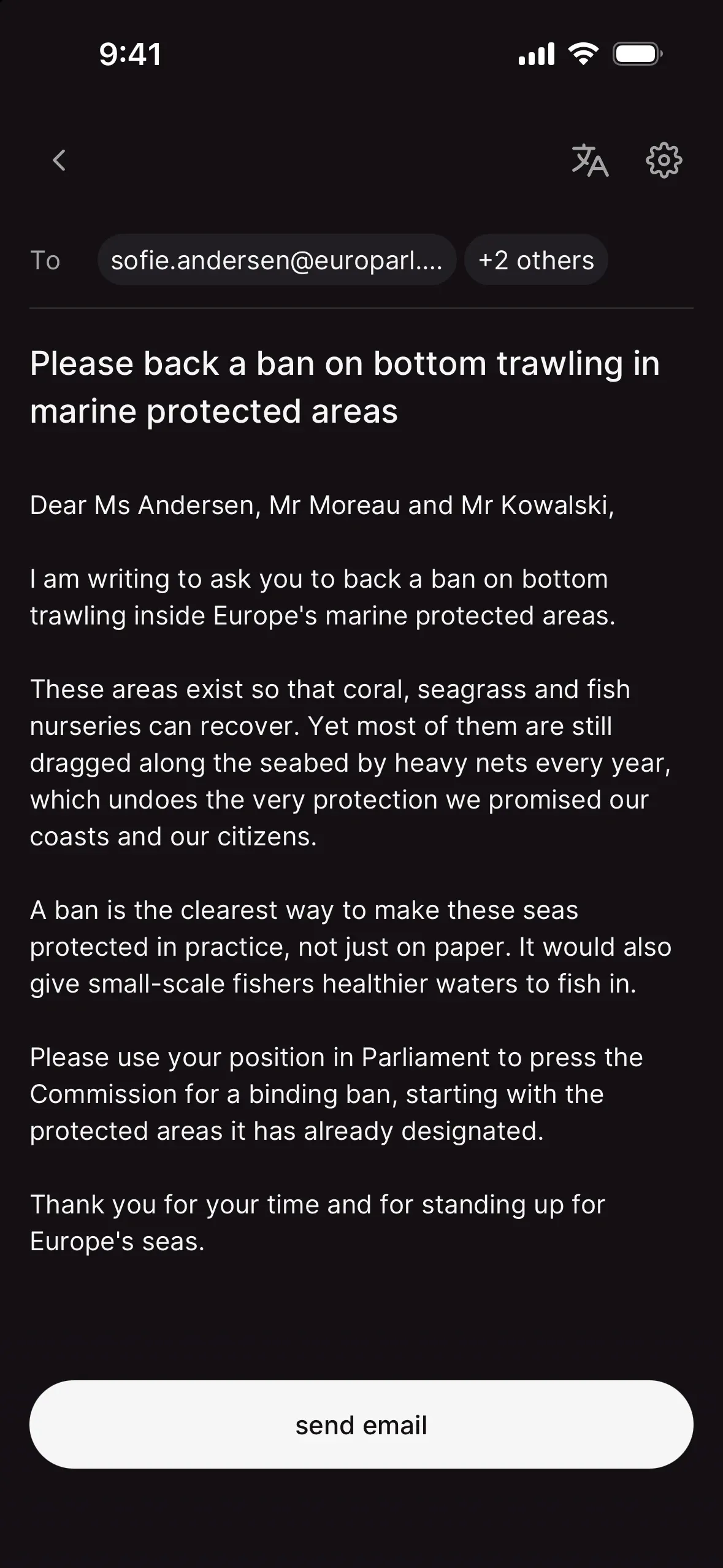 a ready-to-send email asking European parliament members to back a ban on bottom trawling in marine protected areas, with a send email button